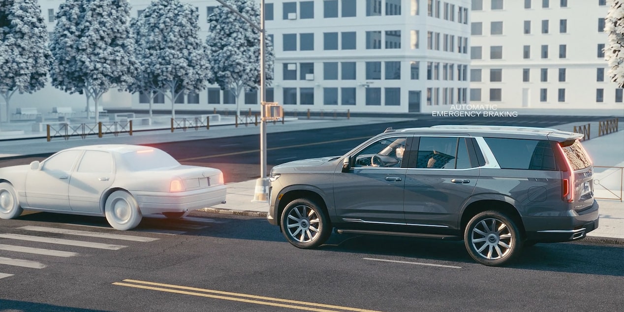 2024 Cadillac Escalade utilizing the Automatic Emergency Braking while driving. 