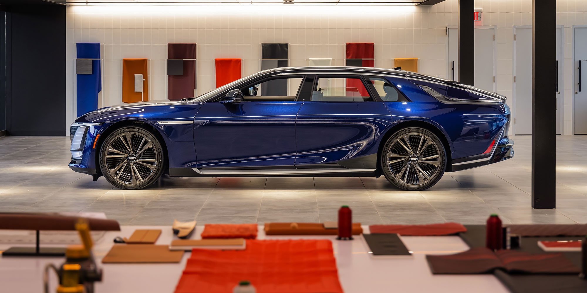 Side view of a 2025 Cadillac CELESTIQ displayed inside the Cadillac House.