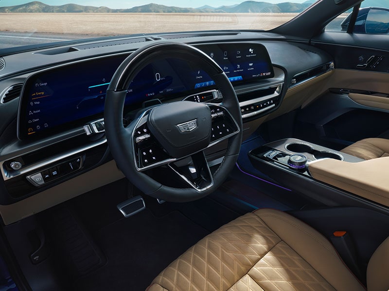 Driver's view of the comfortable interiors of the 2025 Cadillac LYRIQ.