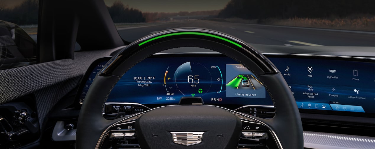 Driver's view of the hands-free Driver Assistance Technology on the 2025 Cadillac OPTIQ electric SUV.