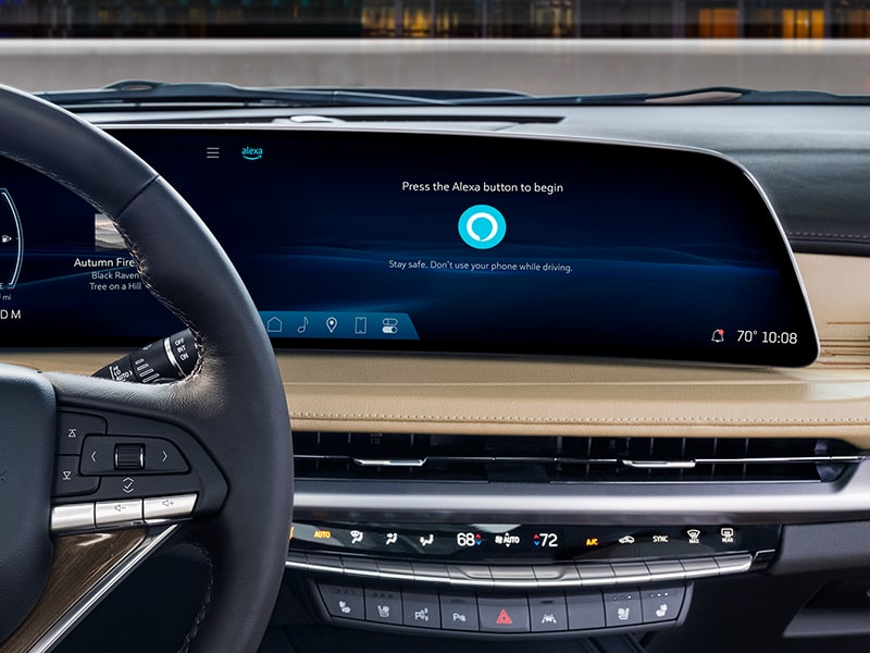 Alexa Built-In technology being displayed in the infotainment screen of the 2025 Cadillac XT4.