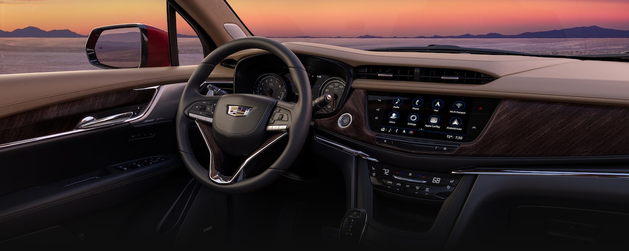 Front interiors of the 2025 Cadillac XT6 mid-size 7 passenger SUV.