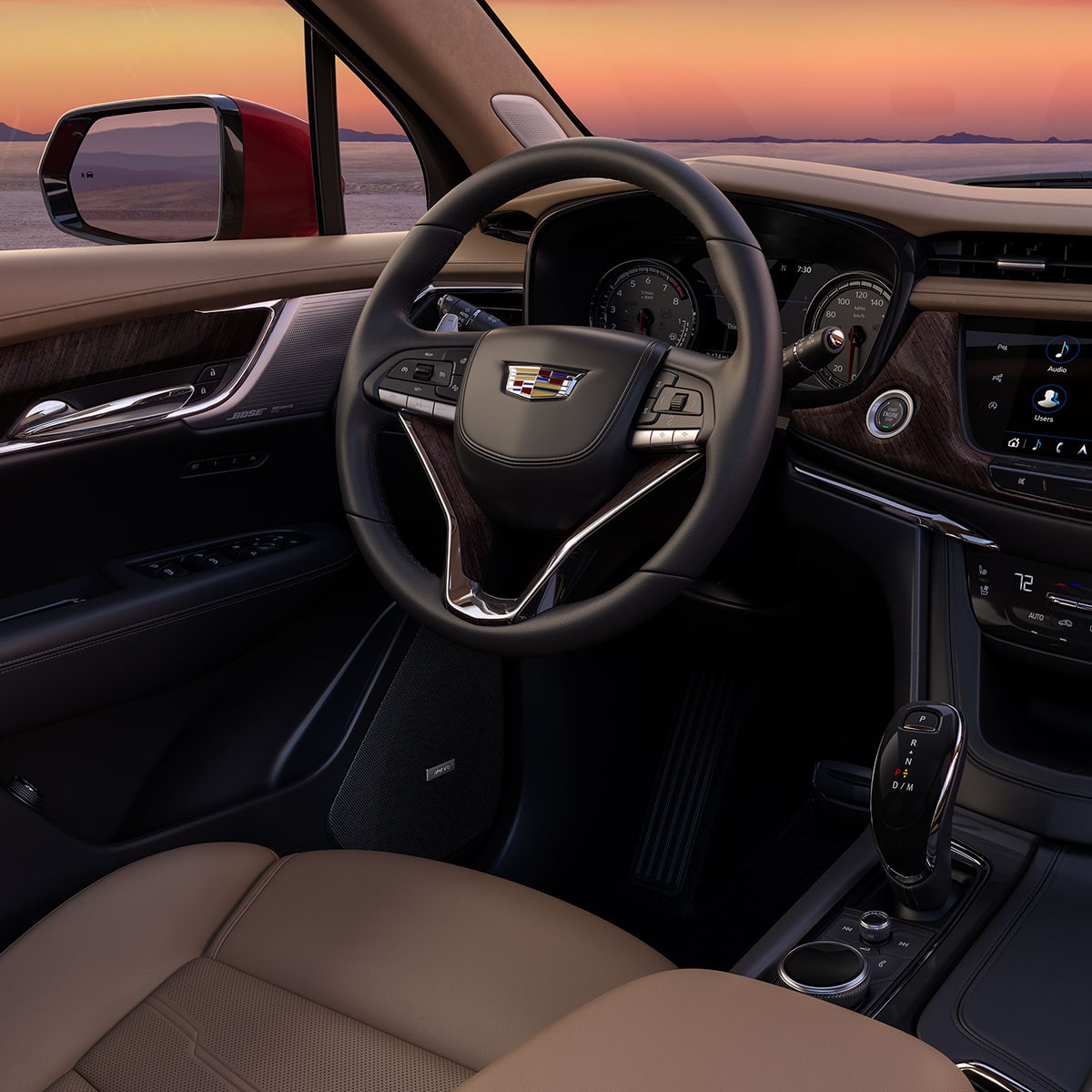 Front-side view of the steering wheel on the 2025 Cadillac XT6 mid-size 7 passenger SUV.