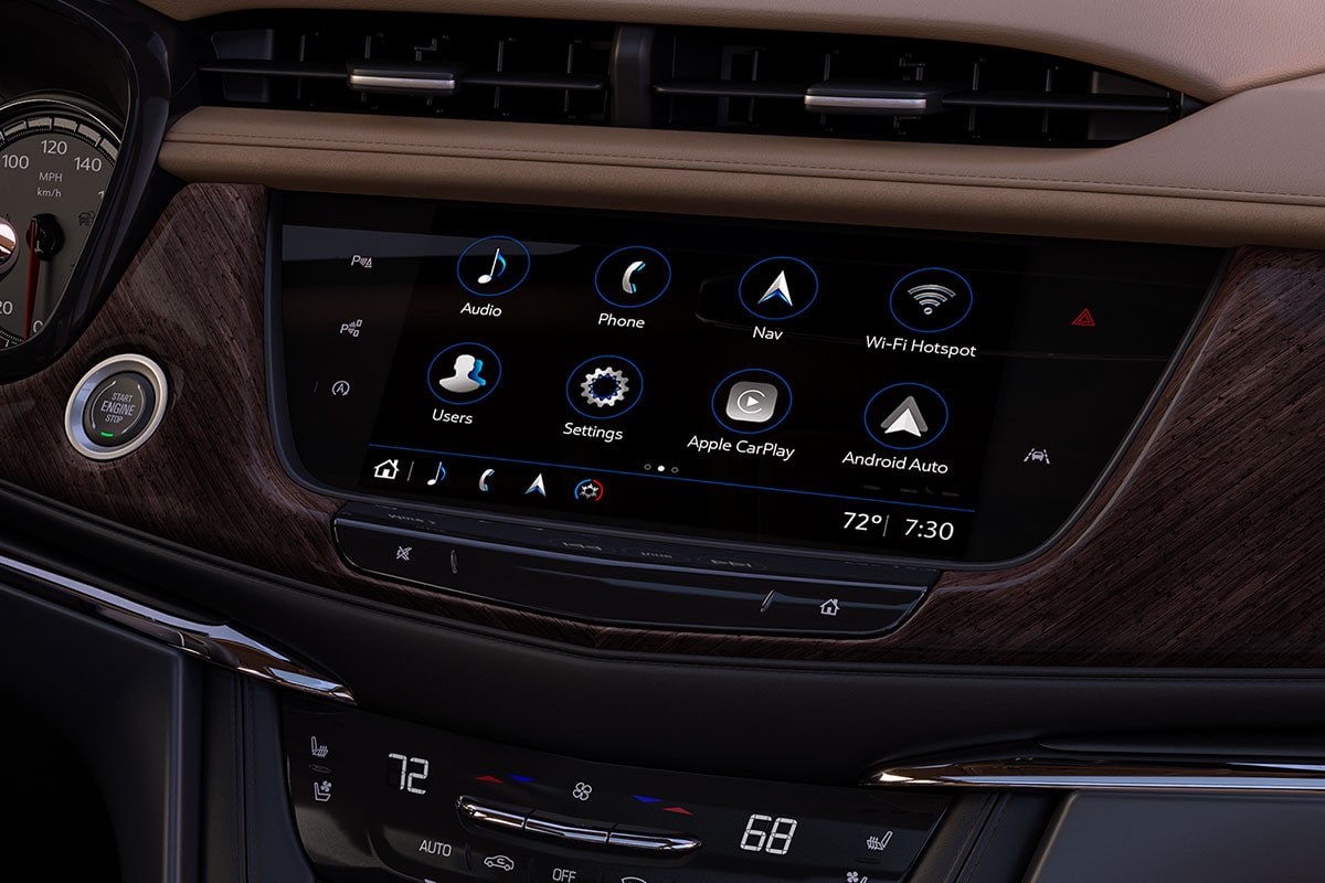 In-vehicle apps being displayed in the infotainment screen of the 2025 Cadillac XT6 mid-size 7 passenger SUV .