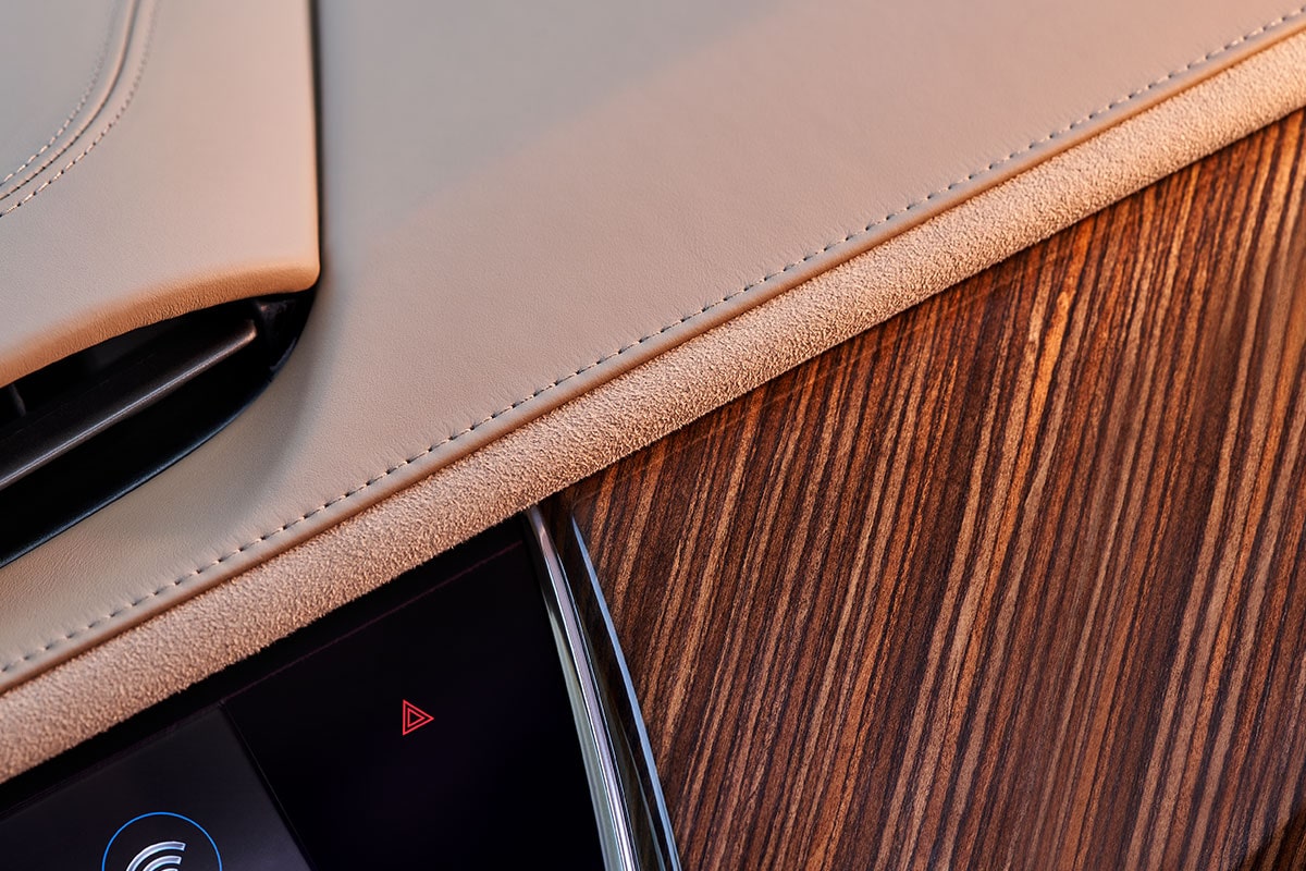 Close up view of the premium materials used on the interiors of the 2025 Cadillac XT6 mid-size 7 passenger SUV .