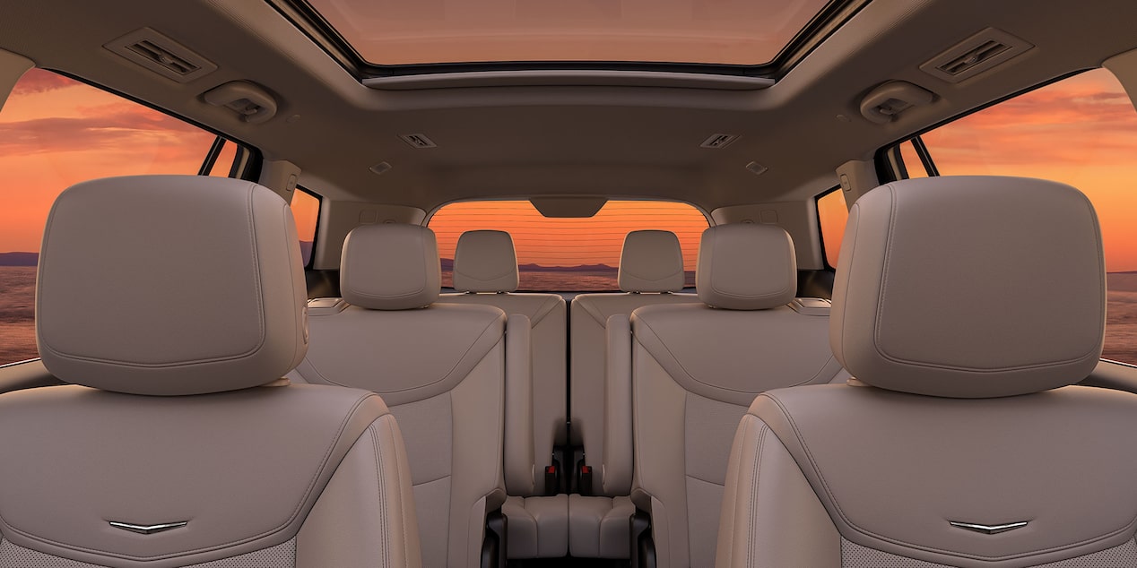 Front view of the spacious interiors of the 2025 Cadillac XT6 mid-size 7 passenger SUV.