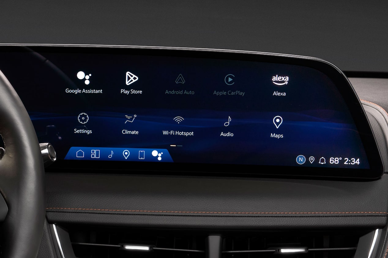 Vue rapprochée des fonctionnalités de connectivité dans l’écran du système d’infodivertissement de la Cadillac CT5 2025.