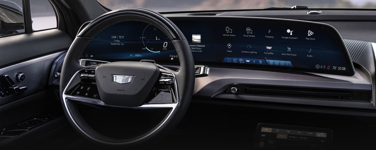 2026 Cadillac VISTIQ steering wheel and dashboard overview.