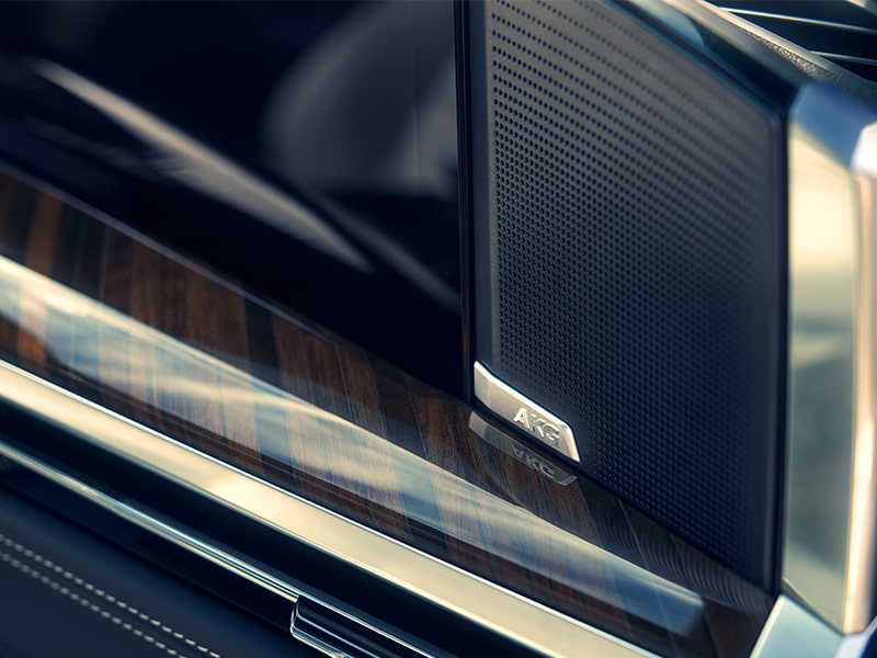 Close up view of the AKG Speaker System inside the 2025 Cadillac Escalade.