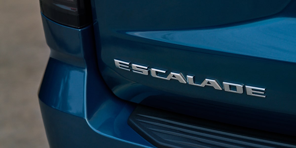 Close up view of the Escalade badge etched in the trunk of the 2025 Cadillac Escalade.