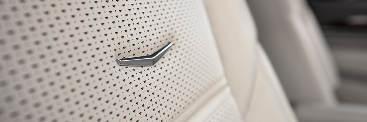 Close up view of the heated and ventilated seats of the 2025 Cadillac Escalade.