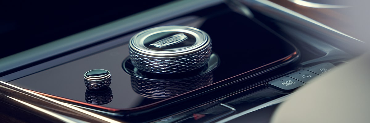 Close up view of the shifter dial inside the 2025 Cadillac Escalade.