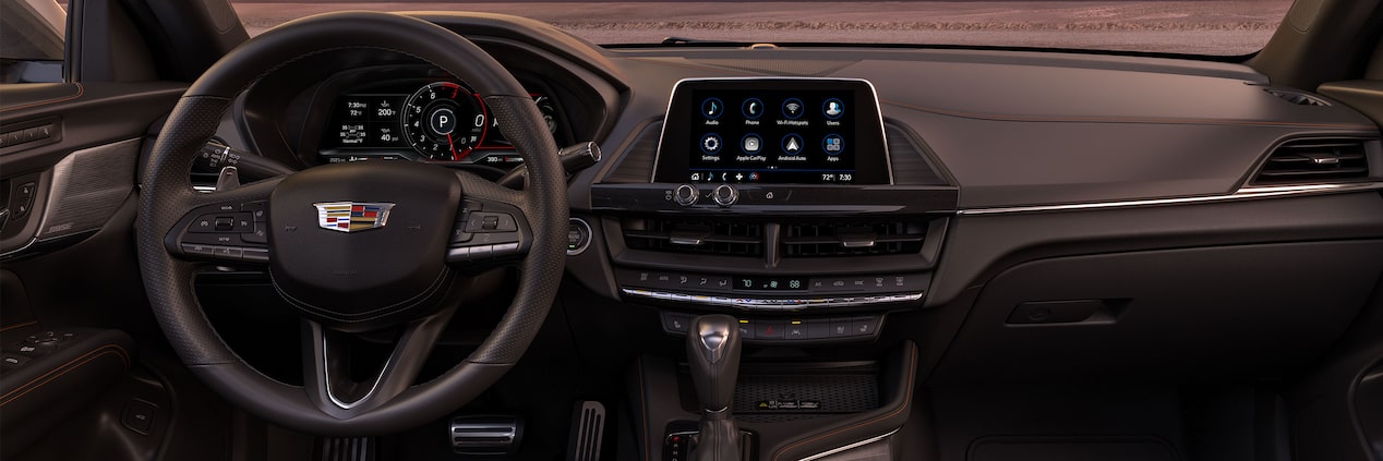 2024 Cadillac CT4 dashboard featuring infotainment system and steering wheel.