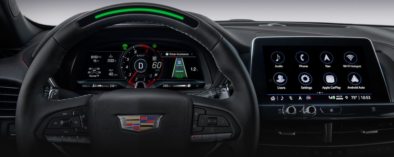 Driver's view of the Super Cruise hands-free technology on the 2025 Cadillac CT4-V luxury sports sedan.