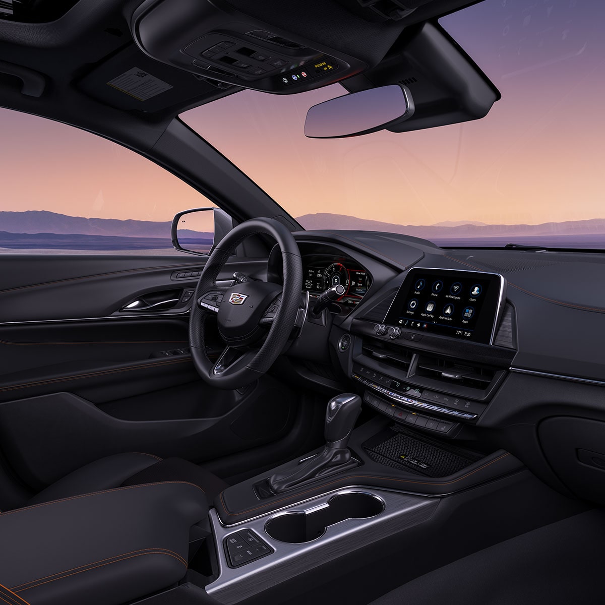 Front passenger's perspective of the interiors of the 2025 Cadillac CT4 luxury sedan.