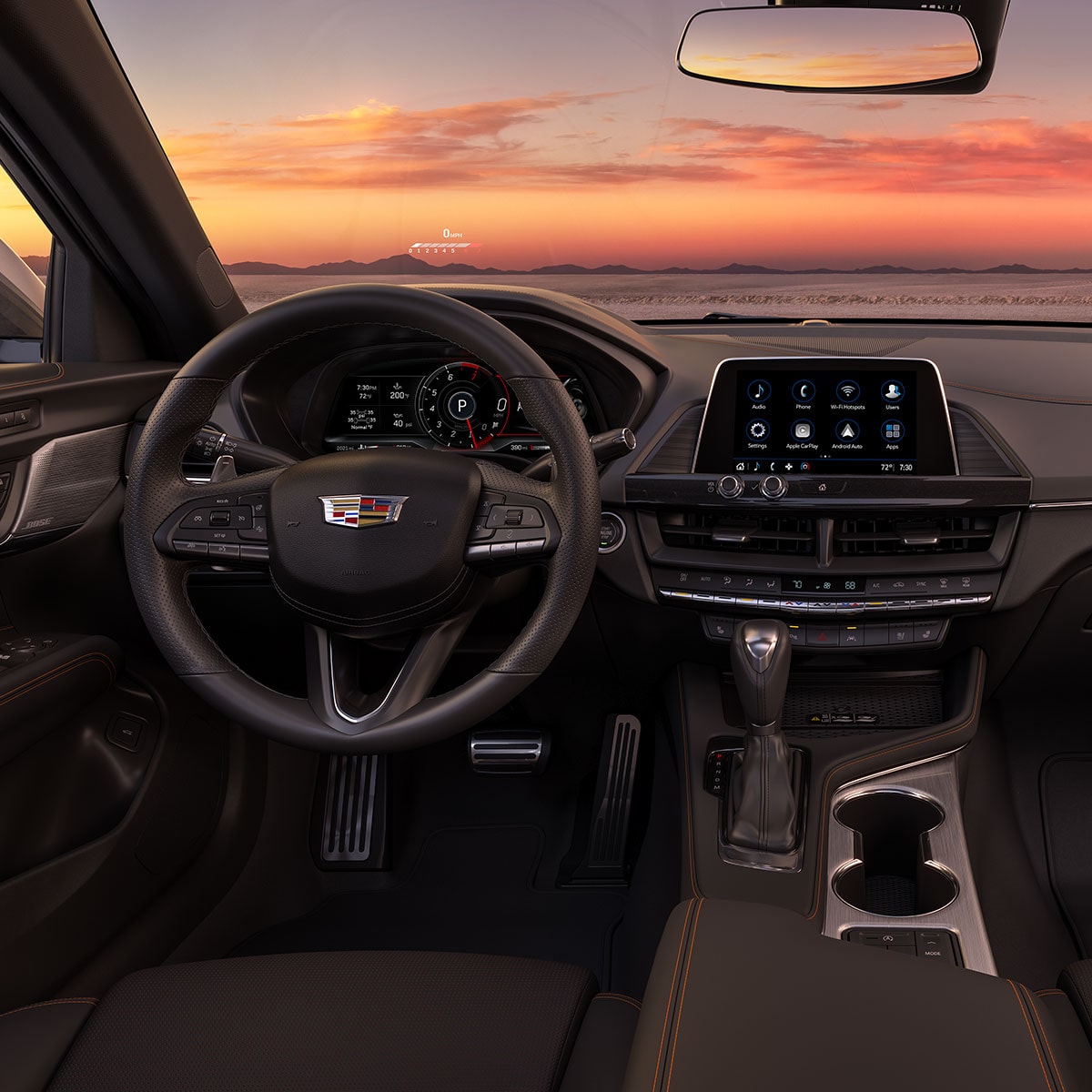 Driver's perspective of the interiors of the 2025 Cadillac CT4 luxury sedan.