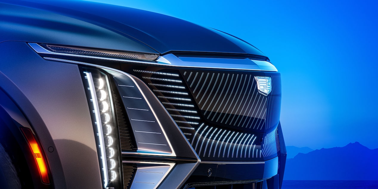 Illuminated Black Crystal Shield of the 2024 Cadillac LYRIQ.