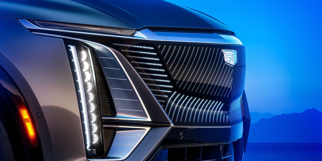 Illuminated Black Crystal Shield of the 2024 Cadillac LYRIQ.