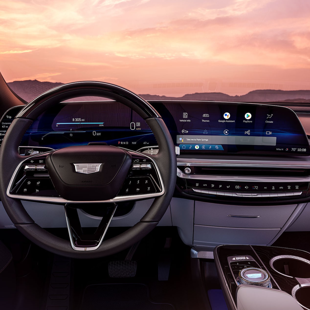 Overview of 2024 Cadillac LYRIQ steering wheel and centre console.