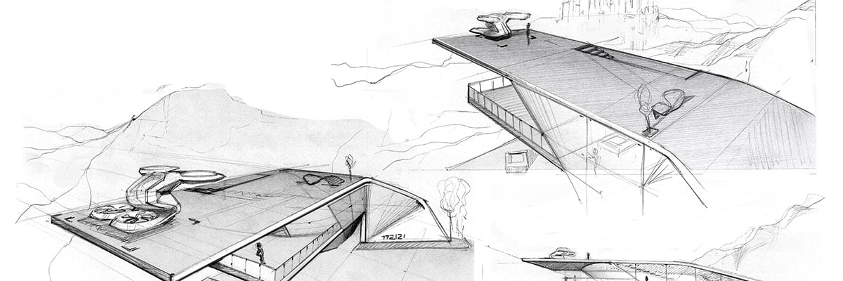 Dessin de plusieurs VÉ autonomes Cadillac PersonalSpace stationnés sur une piste d’atterrissage.