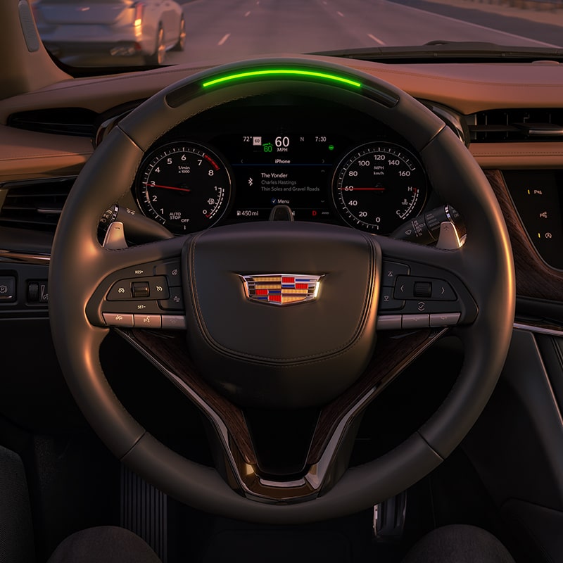 Steering wheel close-up of the 2024 Cadillac XT6.