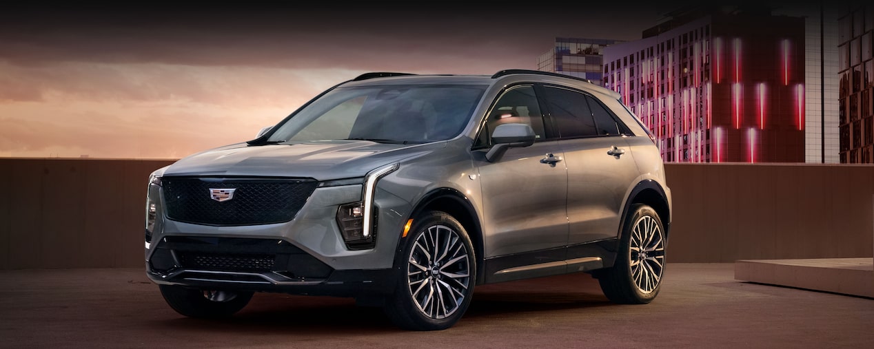 Front-side view of the 2025 Cadillac XT4 parked in a rooftop.