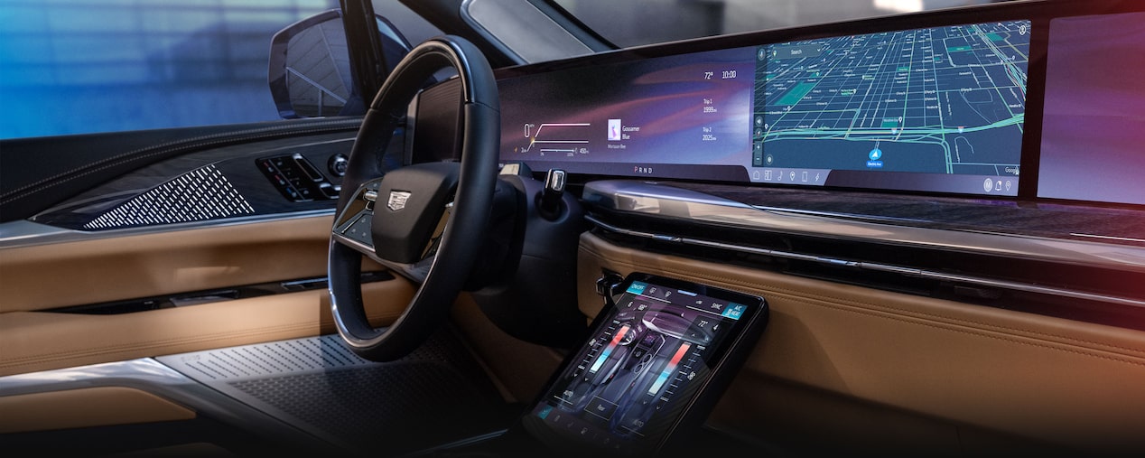 Side view of the infotainment screen on the 2025 Cadillac Escalade IQ electric suv.