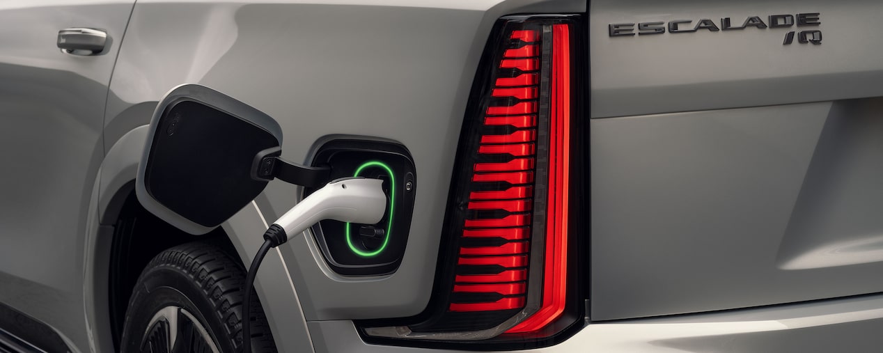 Close up view of the EV charging port on the 2025 Cadillac Escalade IQ electric suv.