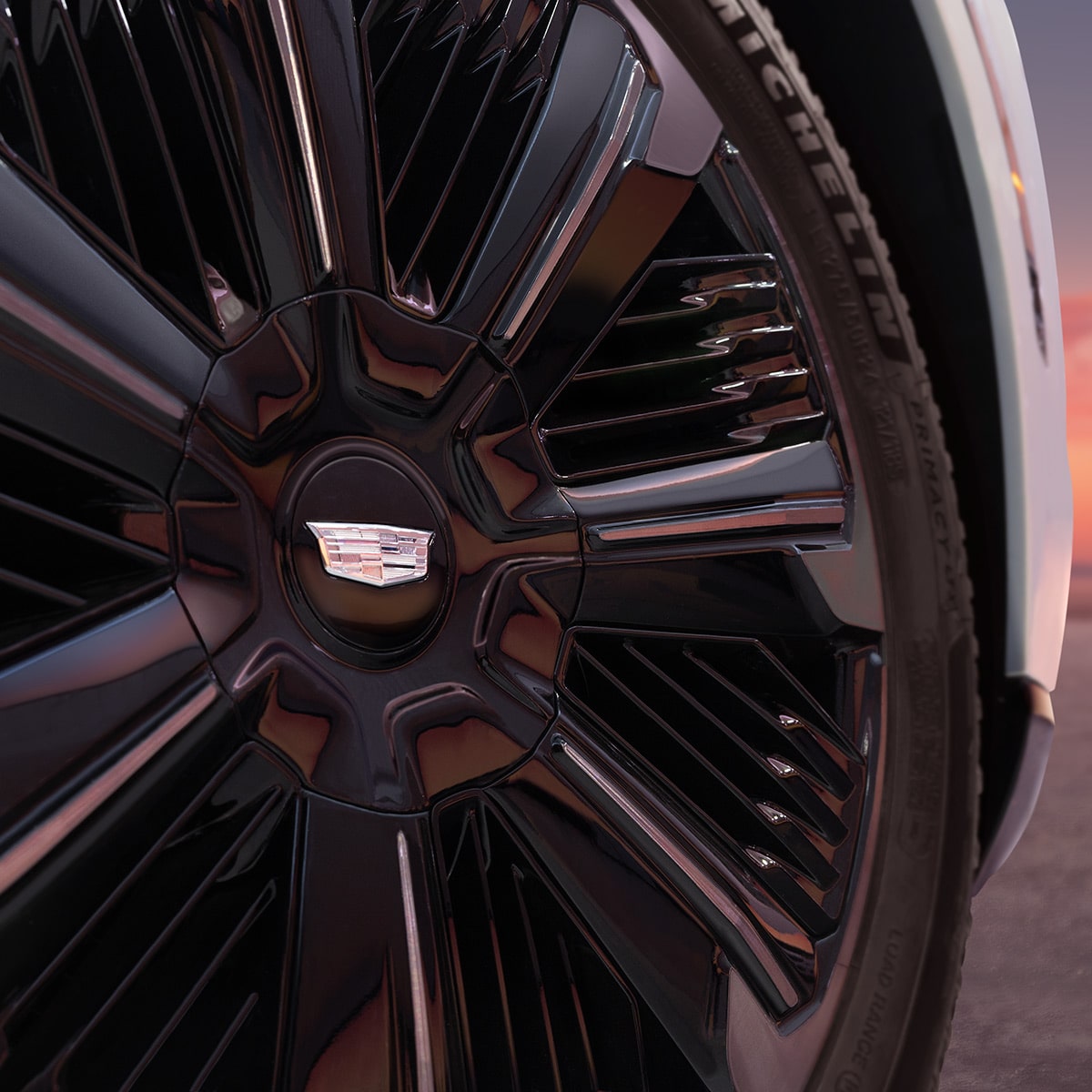 Close up view of the large wheels being used on the 2025 Cadillac Escalade IQ electric suv.