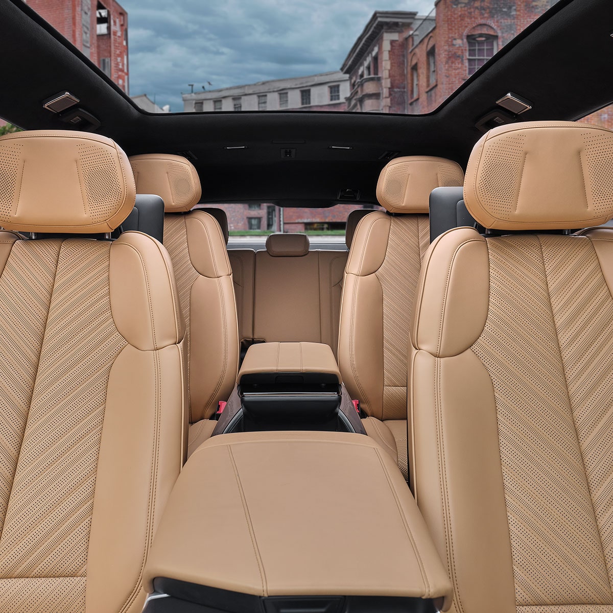 Front view of the 3-row heated and ventilated seats on the 2025 Cadillac Escalade IQ electric suv.