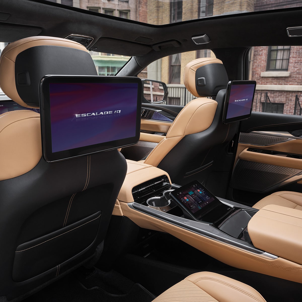 Rear passenger's view of the interiors of the 2025 Cadillac Escalade IQ electric suv.