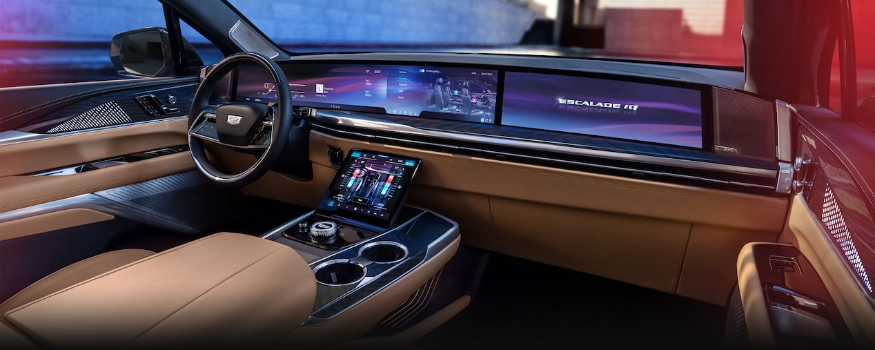 Front passenger's view of the interiors of the 2025 Cadillac Escalade IQ electric suv.