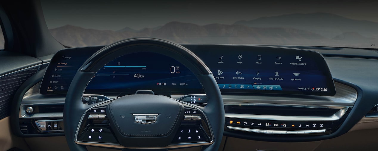 Driver's view of the front interiors of the 2025 Cadillac LYRIQ.