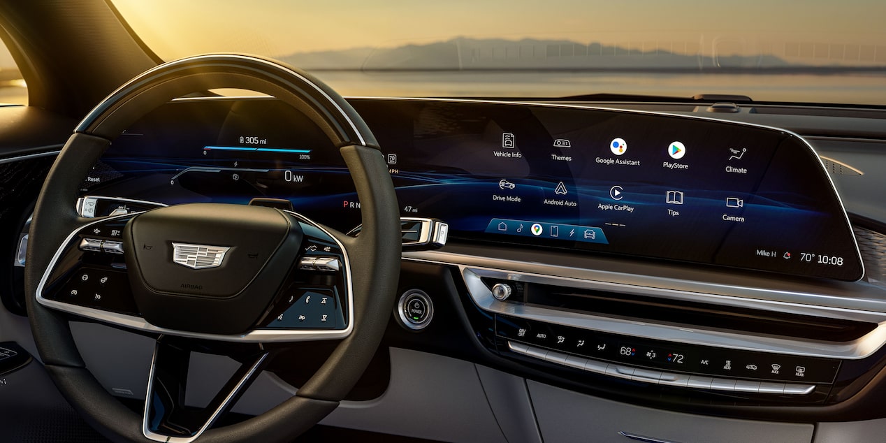 33" diagonal advanced LED display and steering wheel of the 2024 Cadillac LYRIQ.