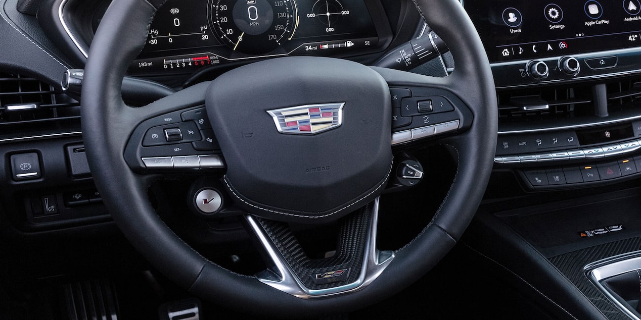 Close-up of the 2023 CT4-V steering wheel.