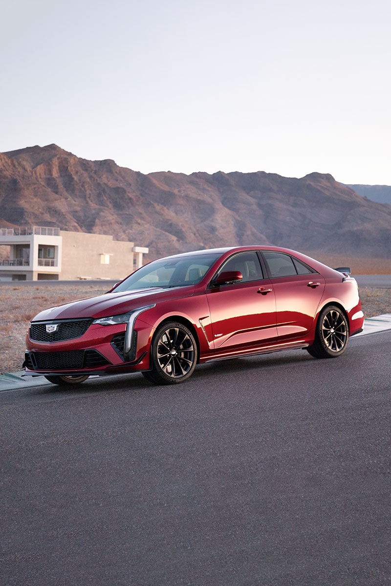 Left front view of the 2023 CT4-V compact sport sedan.