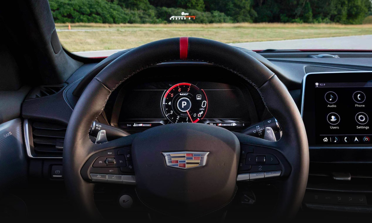 2024 Cadillac CT5-V steering wheel and dashboard overview.