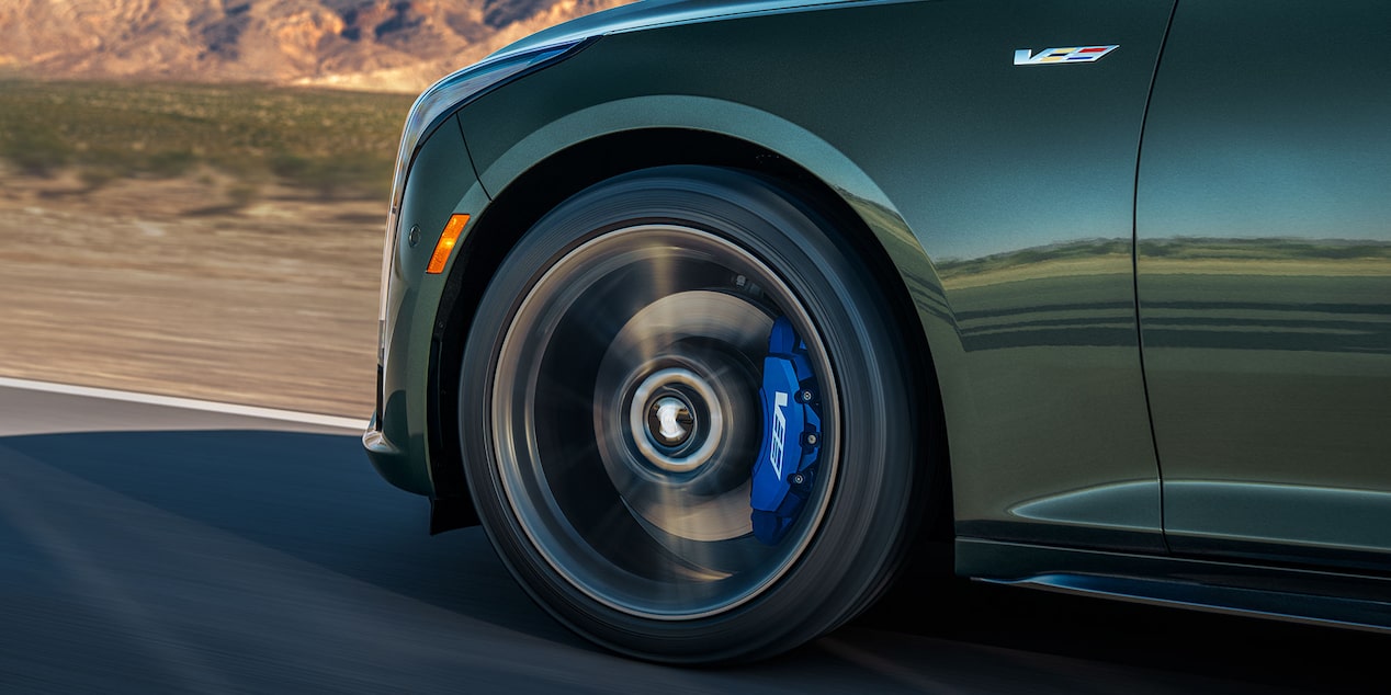 Close up view of the wheels of the 2026 Cadillac CT5-V while driving.